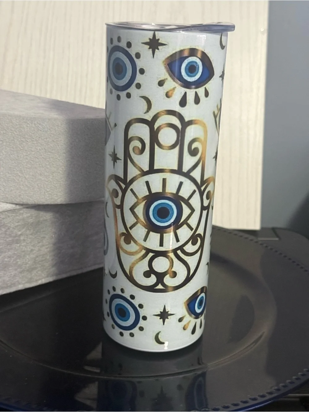 White Candle Holder Tumbler with Blue Eye and Gold Hamsa Motif